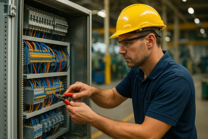 AnKelle-Leistungen-Elektriker bei Arbeiten am Stromkasten in einer Industriehalle