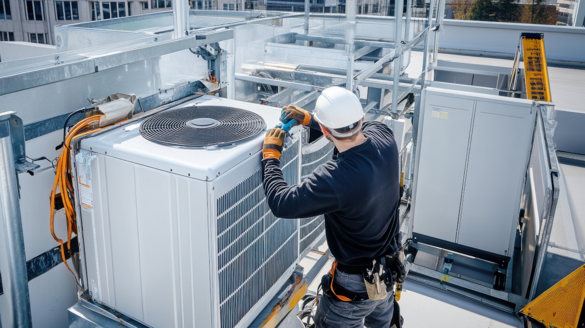 Montage einer leistungsstarken Industrieklimaanlage durch AnKelle auf einem Gebäudedach