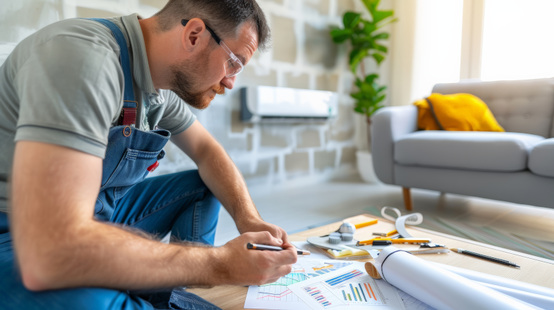 AnKelle-Mitarbeiter bei der professionellen Planung eines Klima- oder Elektroprojekts